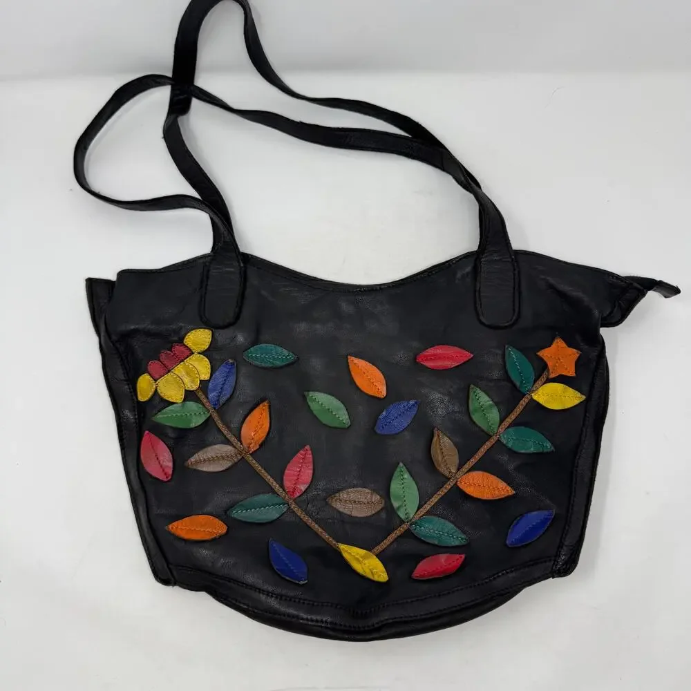 Belleza Mandova Black Leather Shoulder Bag Multicolor Leaf‎ Appliqué